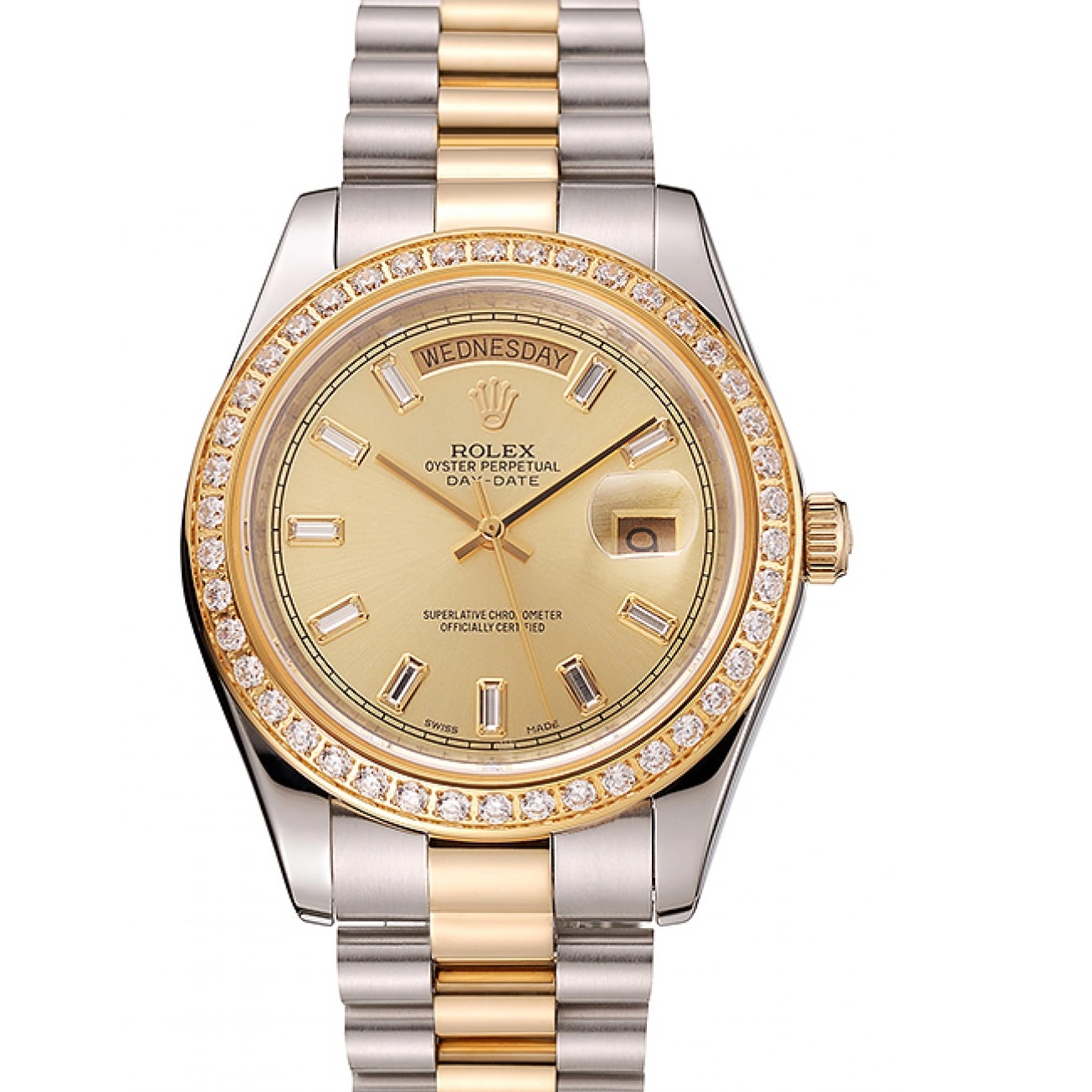 Aaa fake watches Two Tone 1454103 Day-Date Diamond Dial Bracelet Swiss Bezel Rolex Champagne 0712